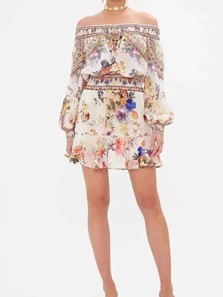 Retro Floral Print Diagonal Collar Sleeve off-the-Shoulder Dress
