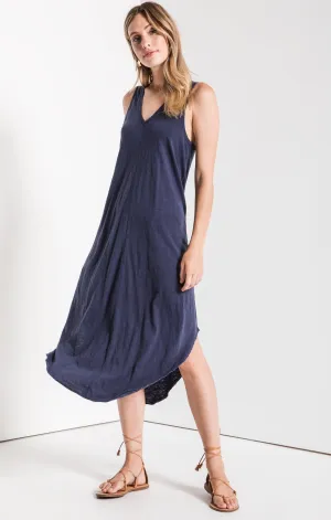 Reverie midi dress in black iris (navy)