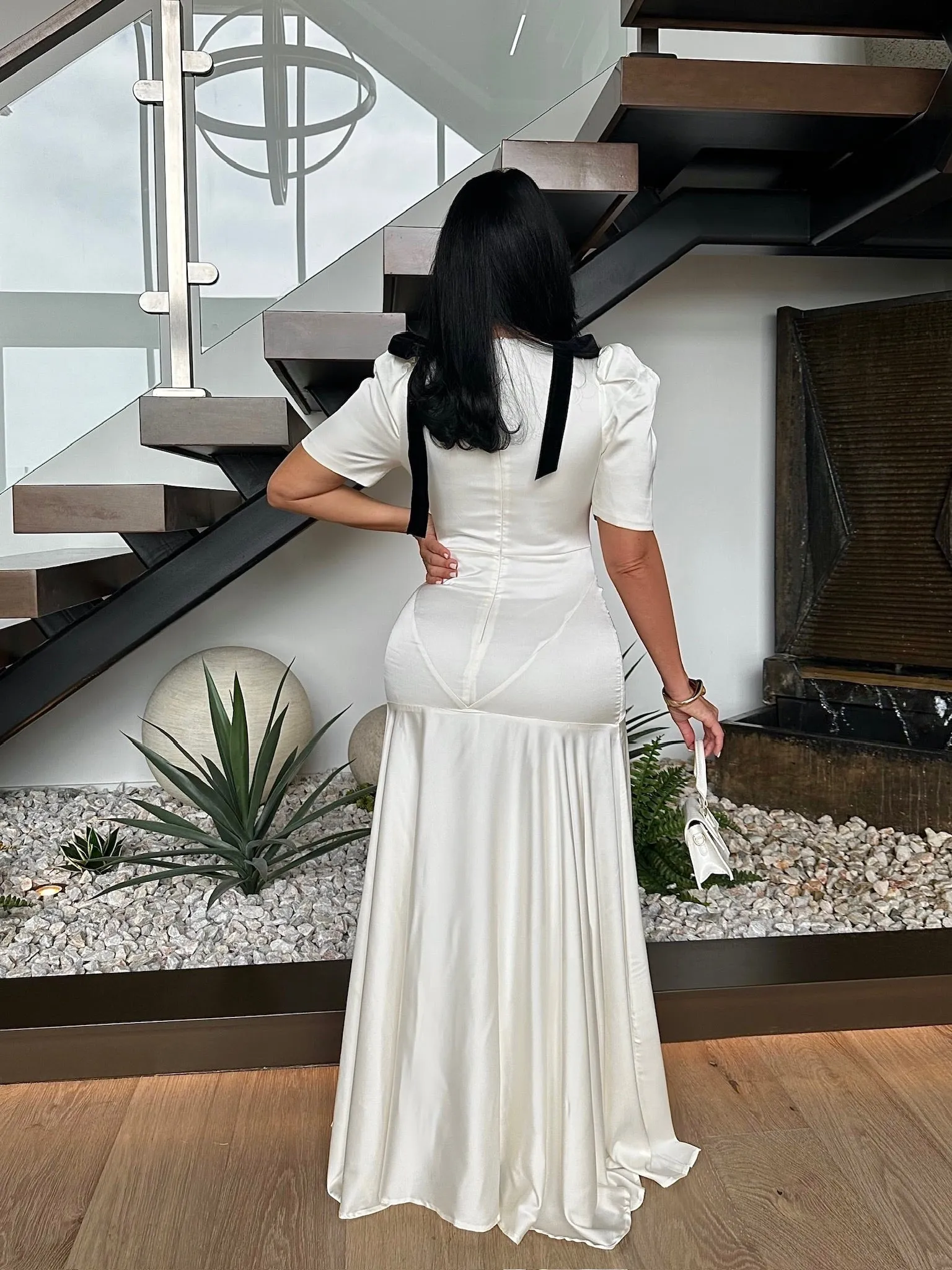 Ribbon Elegance Satin Maxi Dress White