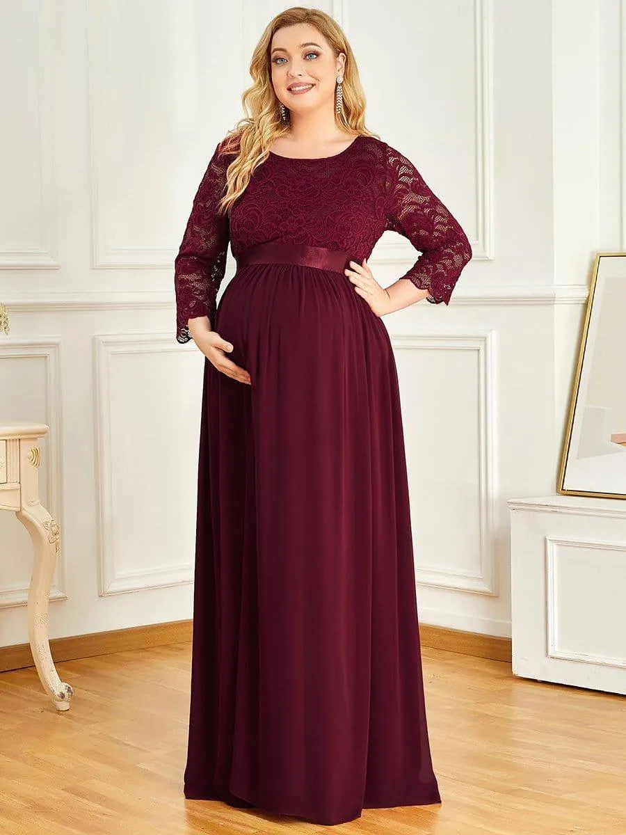 Robe de Maternité Grande Taille à Manches 3/4 en Dentelle Longueur au Sol