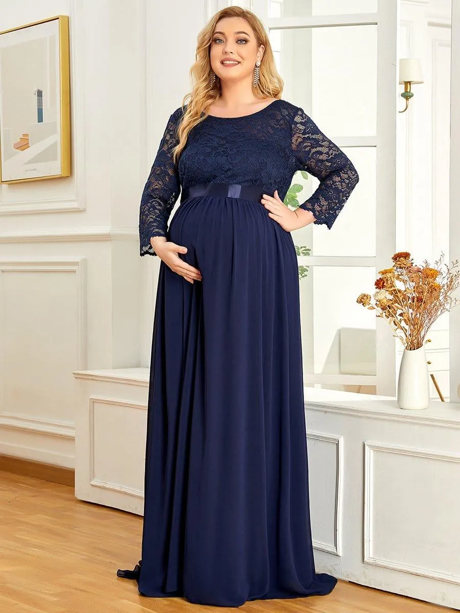 Robe de Maternité Grande Taille à Manches 3/4 en Dentelle Longueur au Sol