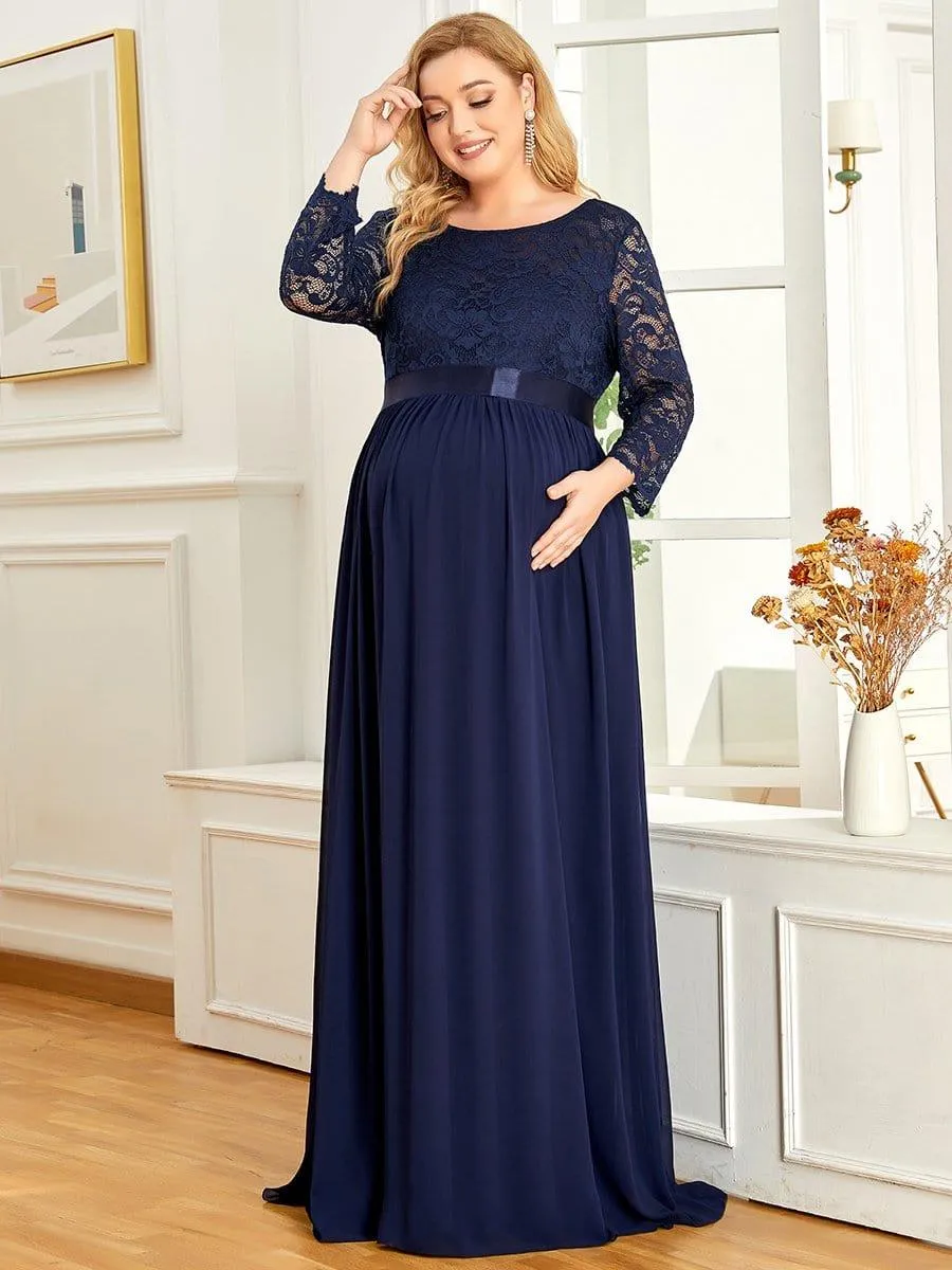 Robe de Maternité Grande Taille à Manches 3/4 en Dentelle Longueur au Sol
