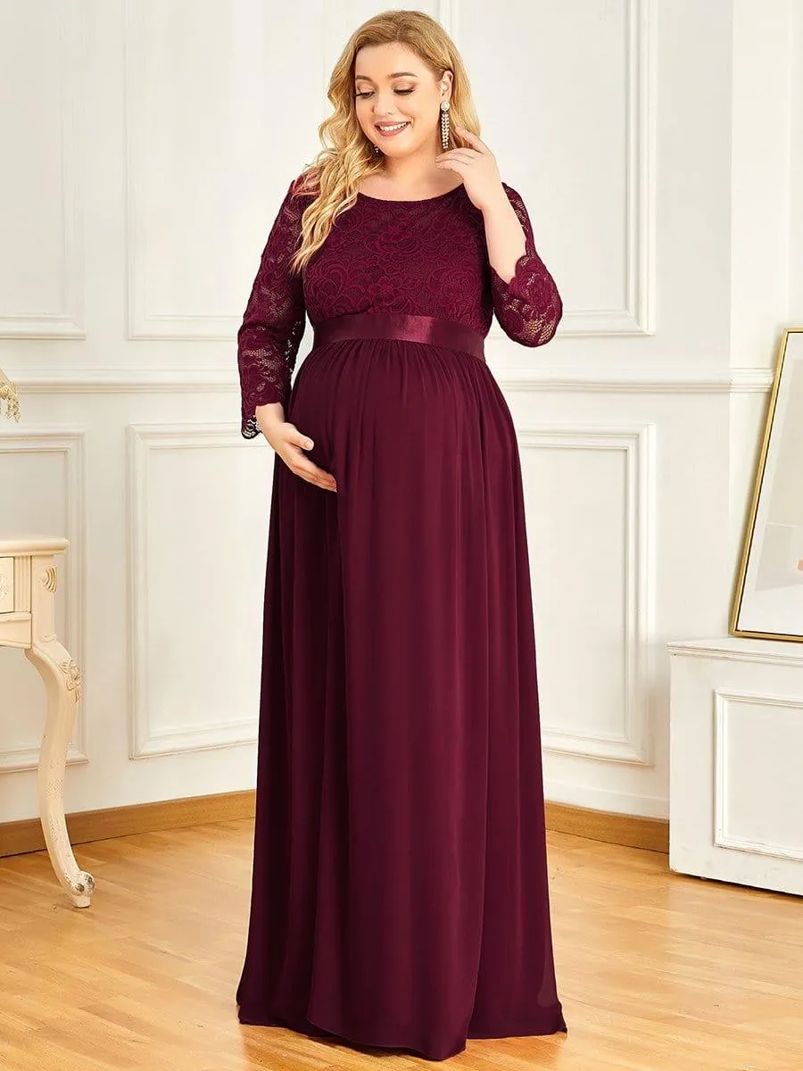 Robe de Maternité Grande Taille à Manches 3/4 en Dentelle Longueur au Sol