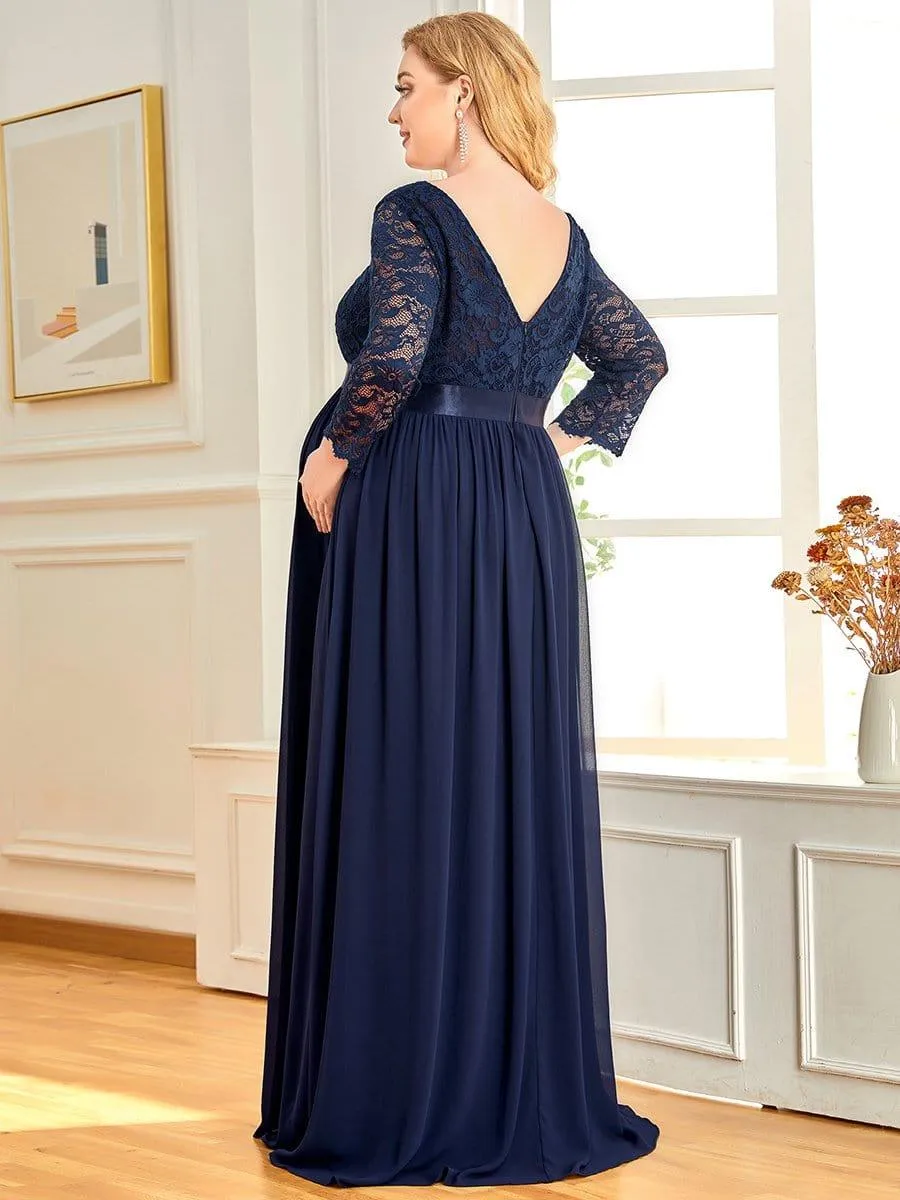 Robe de Maternité Grande Taille à Manches 3/4 en Dentelle Longueur au Sol