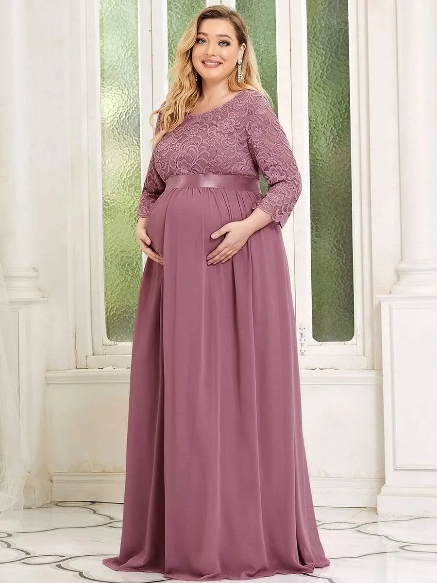 Robe de Maternité Grande Taille à Manches 3/4 en Dentelle Longueur au Sol