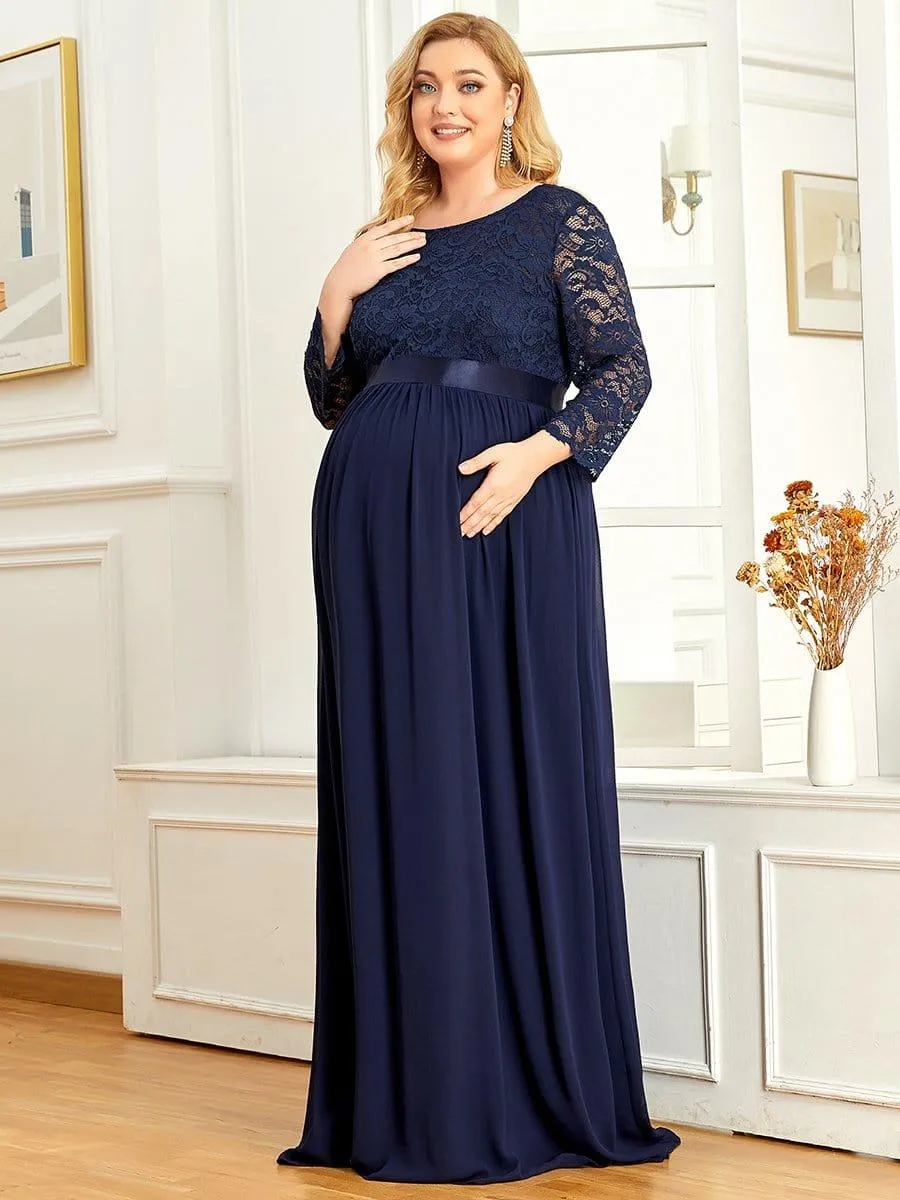 Robe de Maternité Grande Taille à Manches 3/4 en Dentelle Longueur au Sol