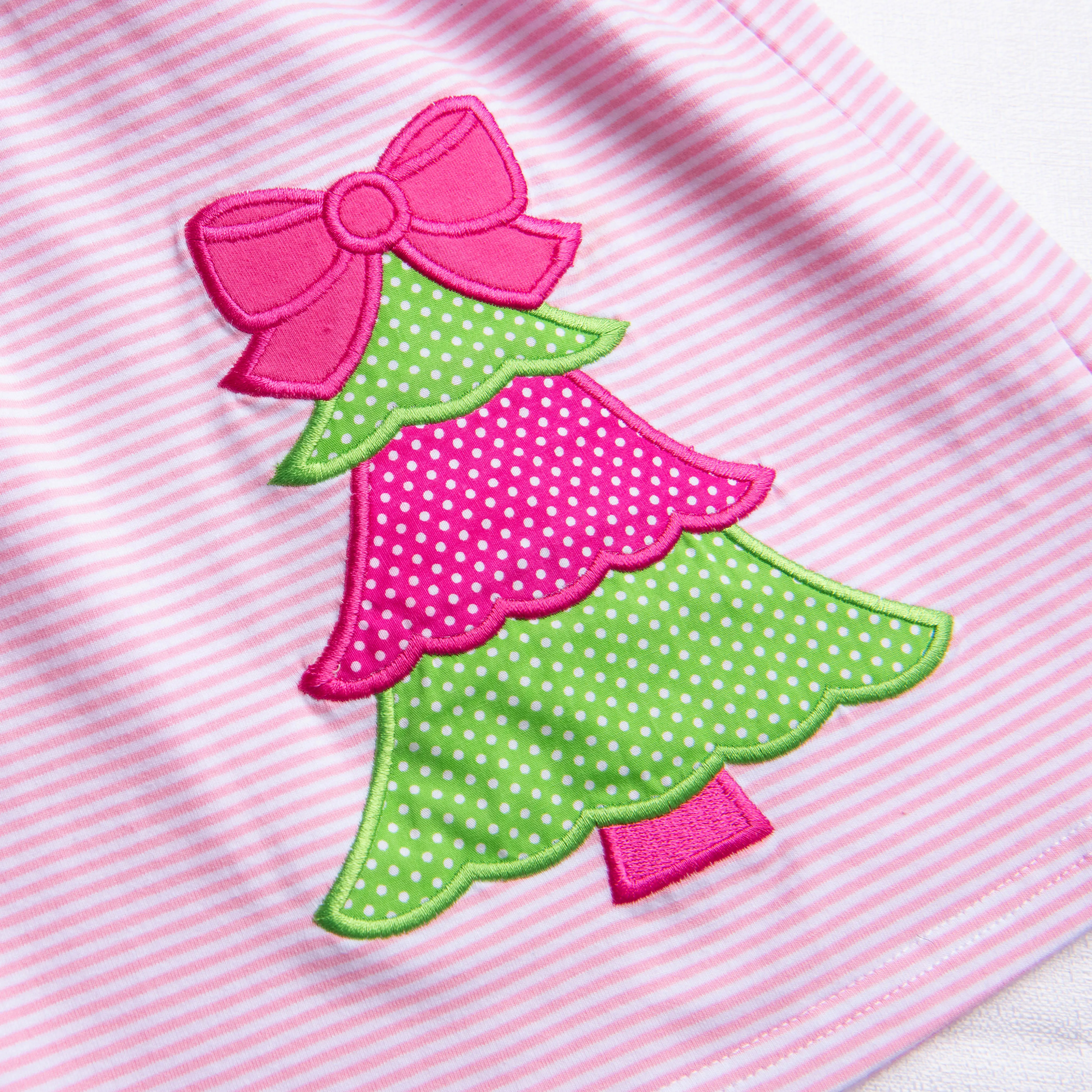 Rockin Around the Christmas Tree Applique Ruffle Dress, Pink Stripe