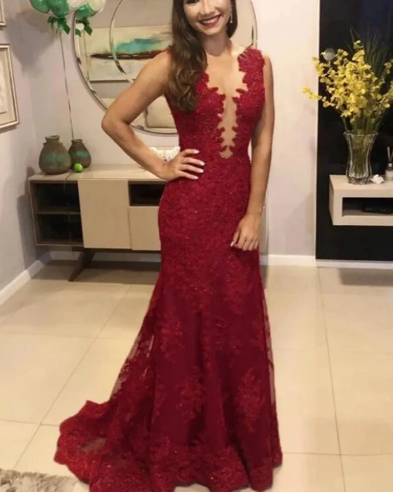 Royal Blue Lace Mermaid Prom Dresses Long Evening Dres