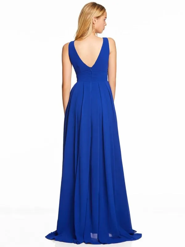Royal Blue Prom Dress A-Line V-Neck Chiffon Sleeveless Backless Sash Floor Length Pageant Dresses