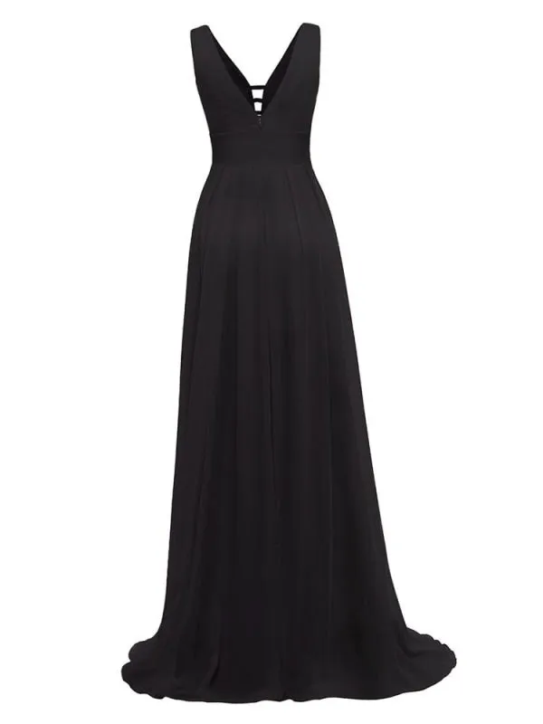 Royal Blue Prom Dress A-Line V-Neck Chiffon Sleeveless Backless Sash Floor Length Pageant Dresses