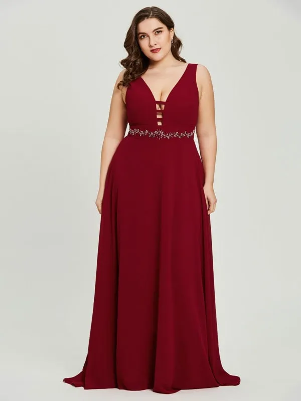 Royal Blue Prom Dress A-Line V-Neck Chiffon Sleeveless Backless Sash Floor Length Pageant Dresses