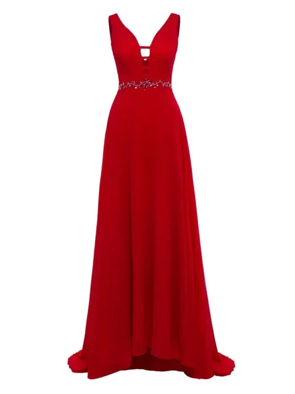 Royal Blue Prom Dress A-Line V-Neck Chiffon Sleeveless Backless Sash Floor Length Pageant Dresses