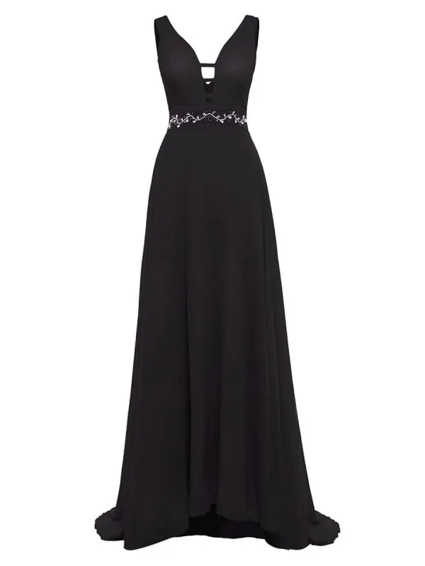 Royal Blue Prom Dress A-Line V-Neck Chiffon Sleeveless Backless Sash Floor Length Pageant Dresses