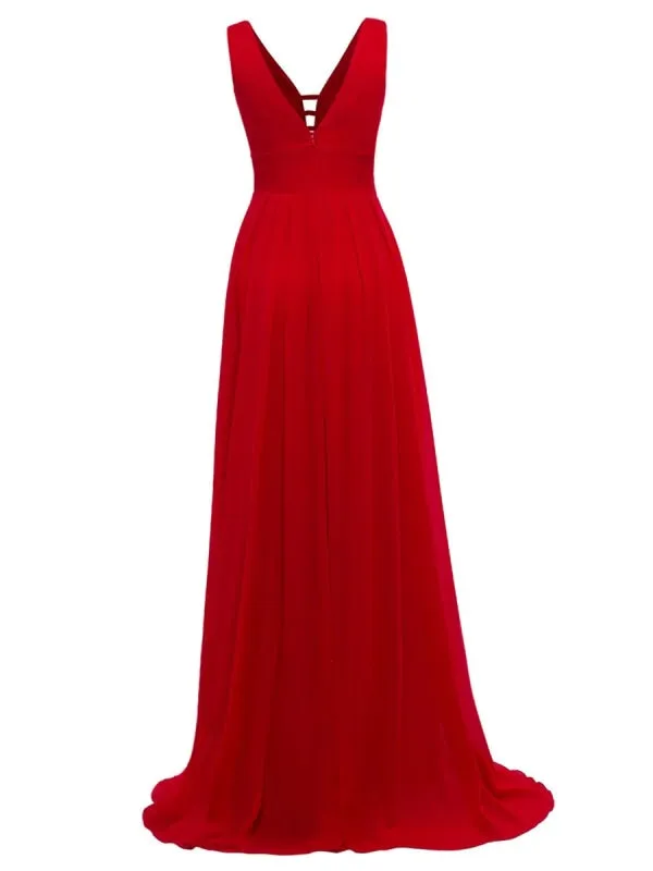Royal Blue Prom Dress A-Line V-Neck Chiffon Sleeveless Backless Sash Floor Length Pageant Dresses