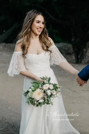 Roycebridal Bohemian Chiffon Lace Off-the-Shoulder A-line Beach Wedding Dresses, MW647