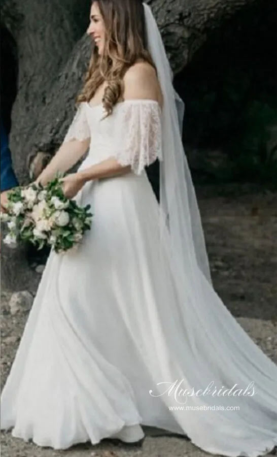Roycebridal Bohemian Chiffon Lace Off-the-Shoulder A-line Beach Wedding Dresses, MW647