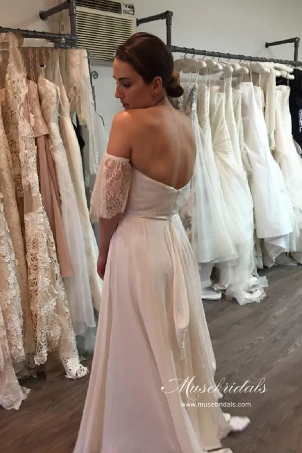 Roycebridal Bohemian Chiffon Lace Off-the-Shoulder A-line Beach Wedding Dresses, MW647