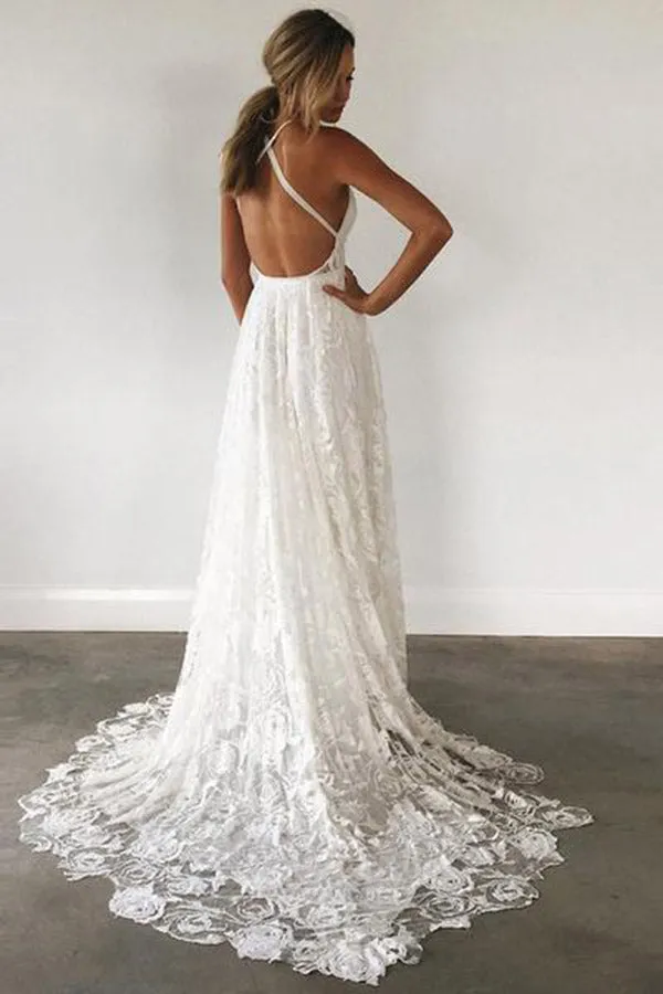 Roycebridal Charming Ivory Lace Floor Length V Neck Long Wedding Dresses on Line, MW237
