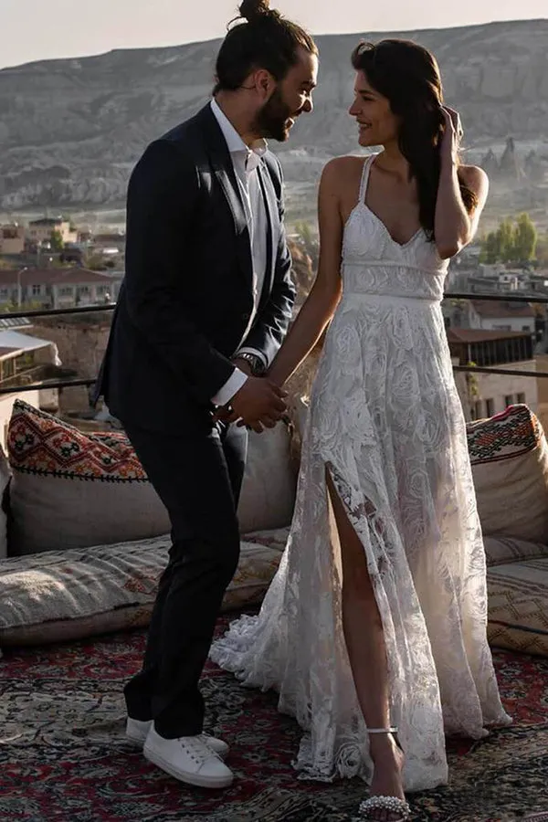 Roycebridal Charming Ivory Lace Floor Length V Neck Long Wedding Dresses on Line, MW237