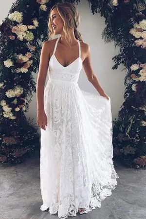 Roycebridal Charming Ivory Lace Floor Length V Neck Long Wedding Dresses on Line, MW237