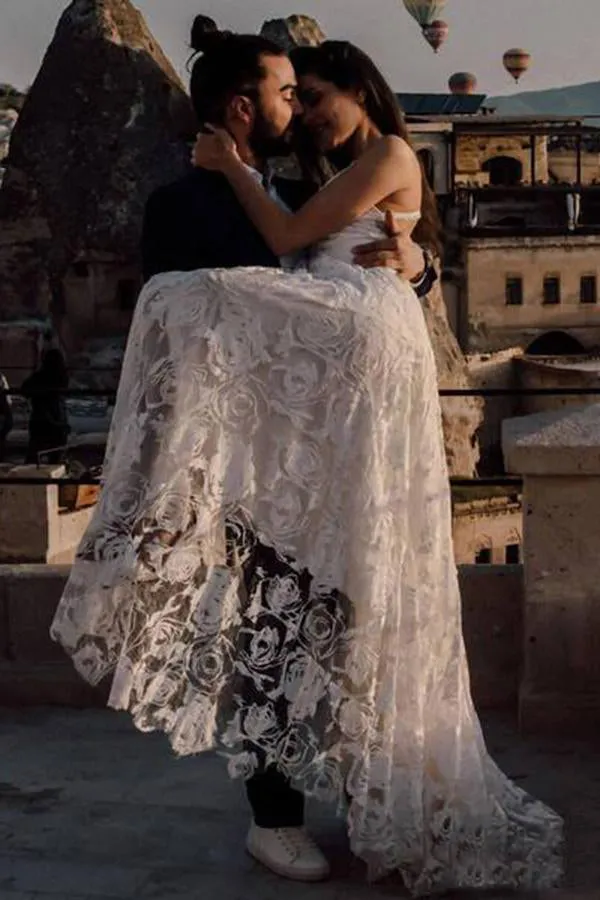 Roycebridal Charming Ivory Lace Floor Length V Neck Long Wedding Dresses on Line, MW237