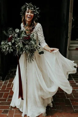 Roycebridal Cheap 3/4 Sleeve Lace Ivory Chiffon Rustic Two Piece Wedding Dress,MW273