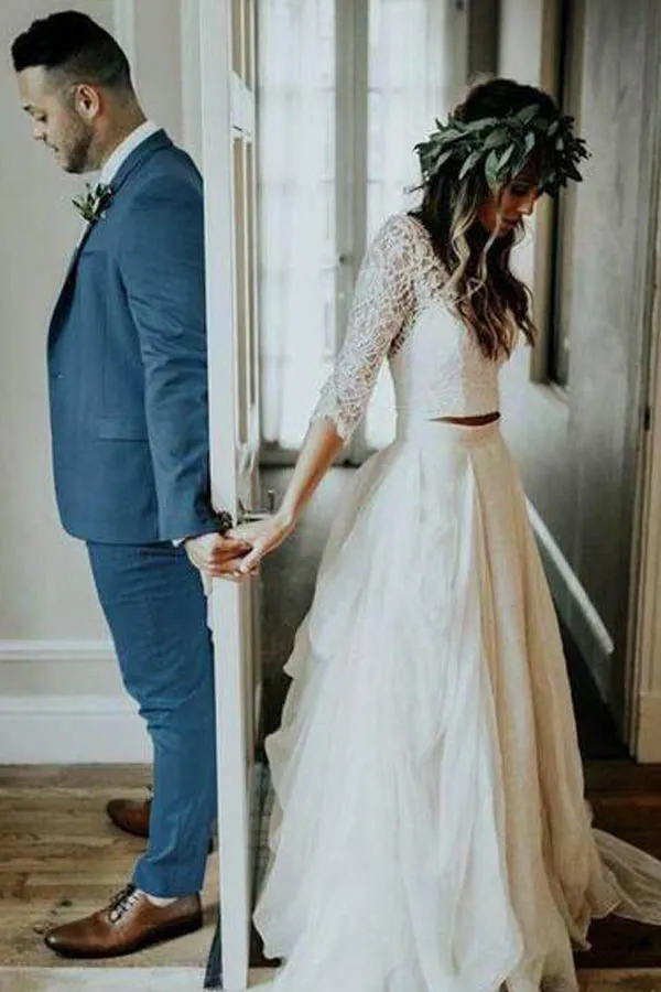 Roycebridal Cheap 3/4 Sleeve Lace Ivory Chiffon Rustic Two Piece Wedding Dress,MW273