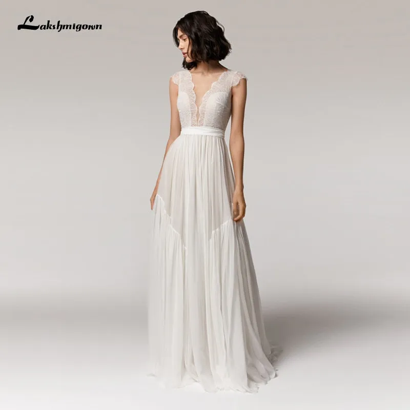 Roycebridal Deep V-neck Sexy Beach Wedding Dress Summer 2021 Vestito da Donna V Neck Sexy Bohemian Bridal Dress Backless