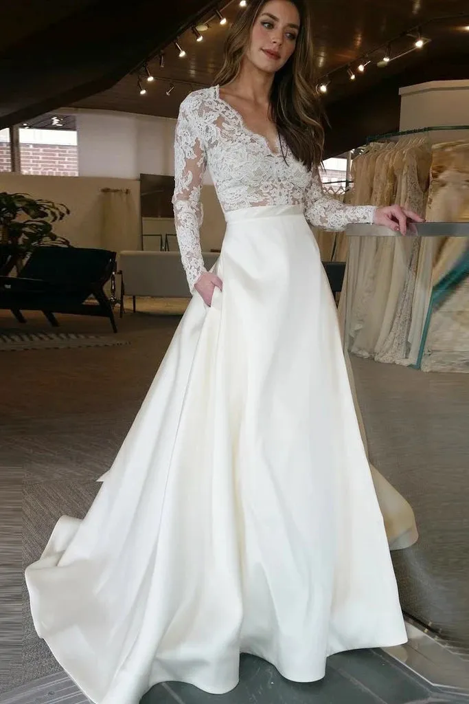 Roycebridal Elegant A-line V-neck Long Sleeves White Floor-length Wedding Dress With Lace,MW397
