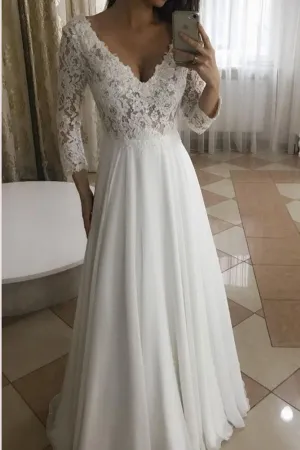 Roycebridal Elegant A-Line V-Neck Long Sleeves White Lace Long Wedding Dresses,MW298