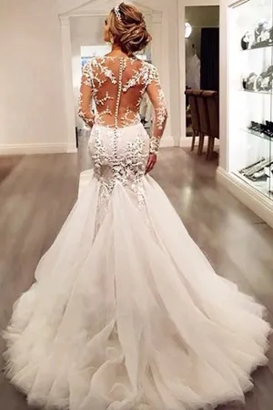 Roycebridal Elegant Long Sleeves Court Train Ivory Wedding Dress With Lace Appliques,MW313