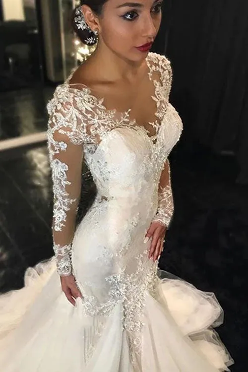 Roycebridal Elegant Long Sleeves Court Train Ivory Wedding Dress With Lace Appliques,MW313