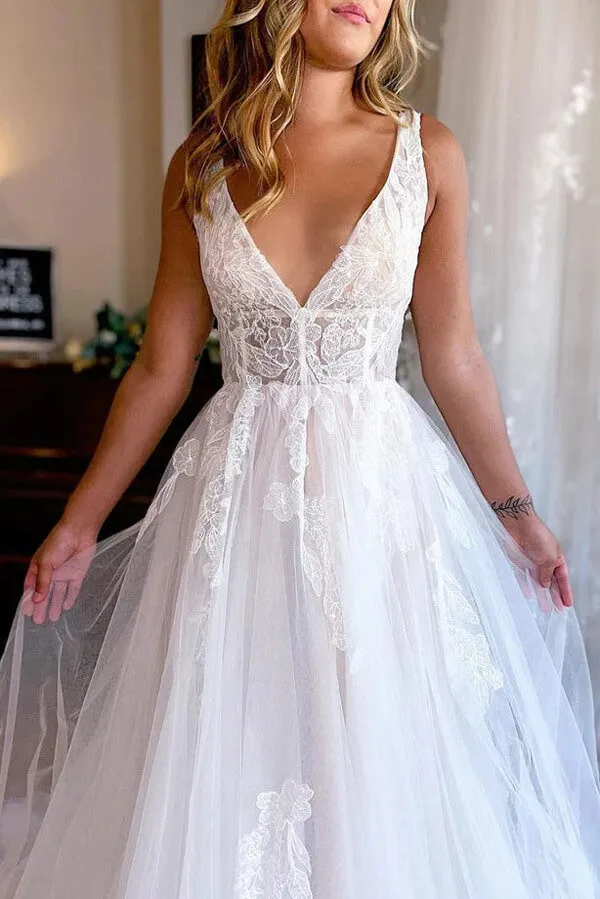 Roycebridal Elegant Tulle A-line V-neck Beach Wedding Dresses With Lace Appliques, MW910