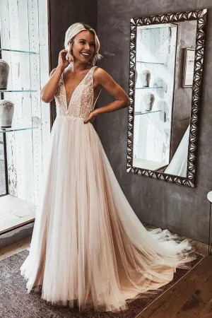 Roycebridal Elegant V-neck Open Back Lace Wedding Dresses, Simple Wedding Dresses,MW411