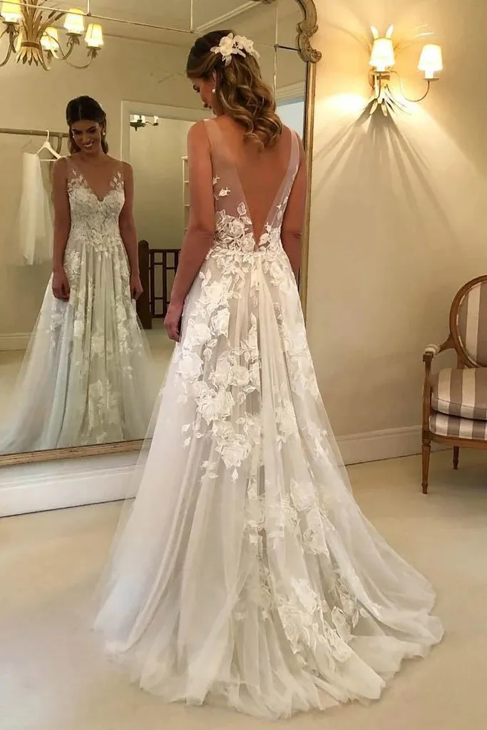 Roycebridal Gorgeous A-line Lace V-neck Tulle Long Wedding Dress with Appliques,MW289