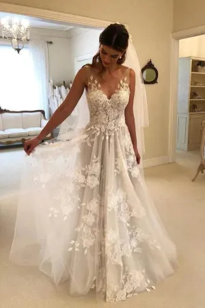 Roycebridal Gorgeous A-line Lace V-neck Tulle Long Wedding Dress with Appliques,MW289