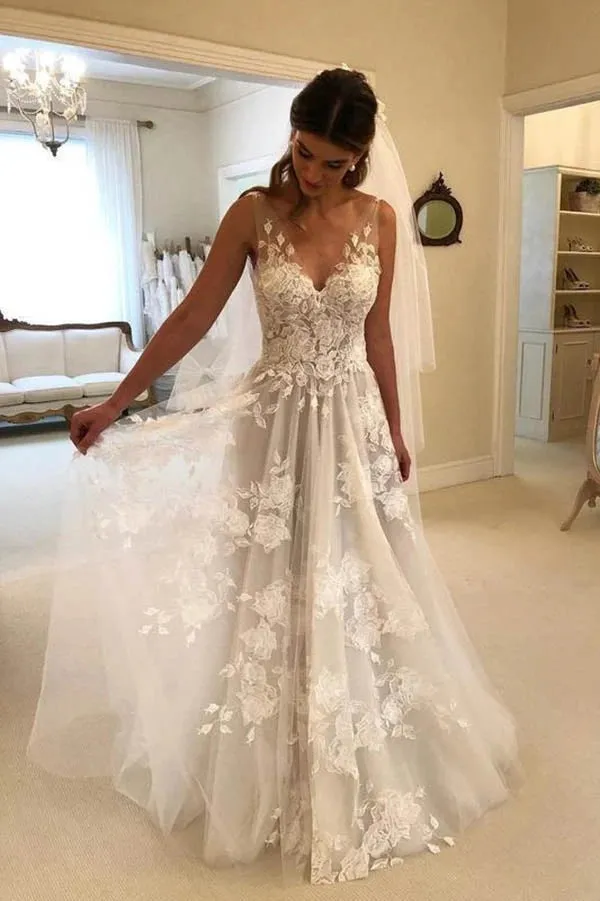 Roycebridal Gorgeous A-line Lace V-neck Tulle Long Wedding Dress with Appliques,MW289