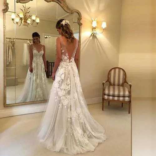 Roycebridal Gorgeous A-line Lace V-neck Tulle Long Wedding Dress with Appliques,MW289