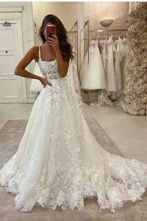Roycebridal Gorgeous Ball Gown Scoop Neck Open Back Lace Wedding Dresses,Luxurious Wedding Gowns,MW466