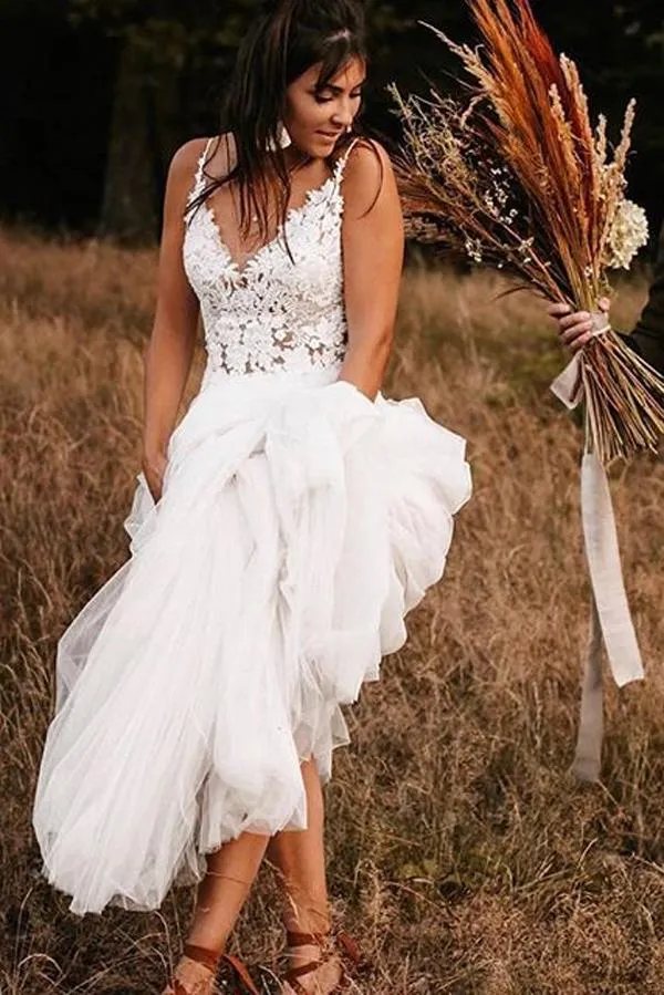Roycebridal Gorgeous Lace Bodice V-neck Bridal Dresses White Backless A-line Wedding Dresses,MW370