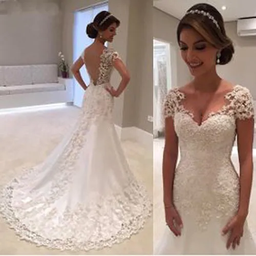 Roycebridal Gorgeous Long Mermaid Lace Cap Sleeves Wedding Dress, Wedding Gown, MW292