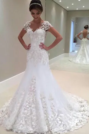Roycebridal Gorgeous Long Mermaid Lace Cap Sleeves Wedding Dress, Wedding Gown, MW292