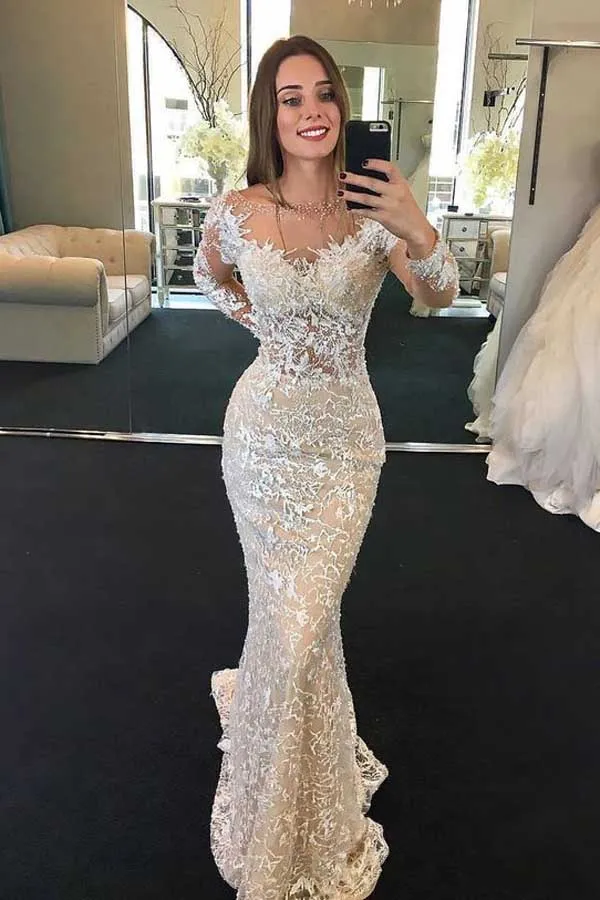 Roycebridal Gorgeous Mermaid Round Neck Long Sleeves Lace Wedding Dresses,Wedding Dresses with Beading,MW416