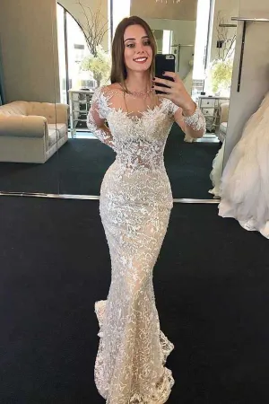 Roycebridal Gorgeous Mermaid Round Neck Long Sleeves Lace Wedding Dresses,Wedding Dresses with Beading,MW416