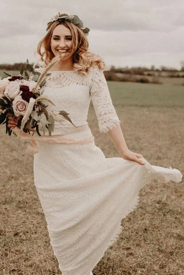 Roycebridal Ivory A-line Lace Bateau Neck 3/4 Sleeves Bridal Dresses Floor-length Wedding Dresses,MW374