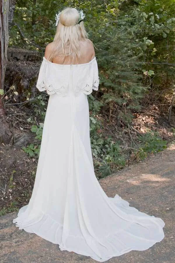 Roycebridal Ivory Chiffon A-line Off-the-Shoulder Bohemian Lace Beach Wedding Dresses, MW771