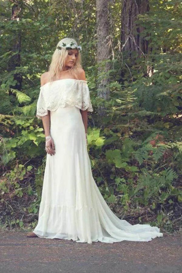 Roycebridal Ivory Chiffon A-line Off-the-Shoulder Bohemian Lace Beach Wedding Dresses, MW771