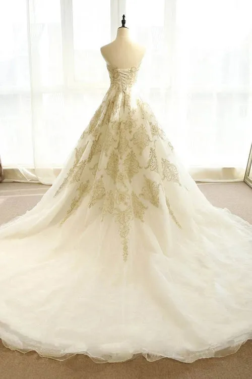 Roycebridal Ivory Gold Appliques Wedding Dresses Sweep/Brush Train Bridal Gown,MW390