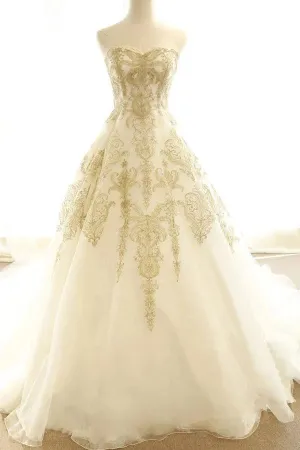 Roycebridal Ivory Gold Appliques Wedding Dresses Sweep/Brush Train Bridal Gown,MW390