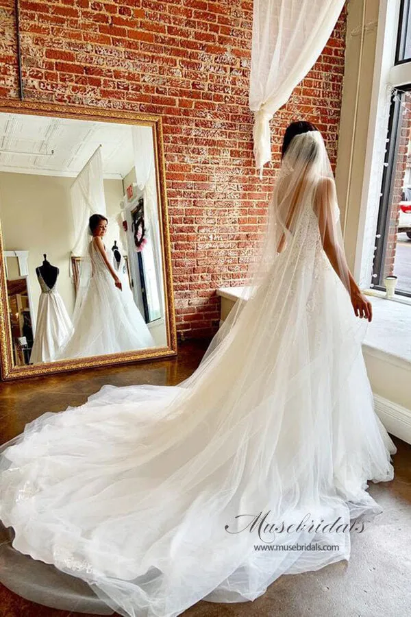 Roycebridal Ivory Tulle Lace A-line V-neck Wedding dresses With Train, Bridal Gowns, MW684